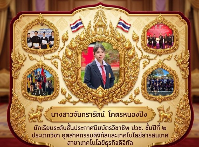 ขอแสดงความยินดีเป็นอย่างยิ่ง นักเรียนรางวัลพระราชทานความเป็นเลิศด้านอาชีวศึกษา ประจำปีการศึกษา 2568 นางสาวจันทรรัตน์ โคตรหนองปิง